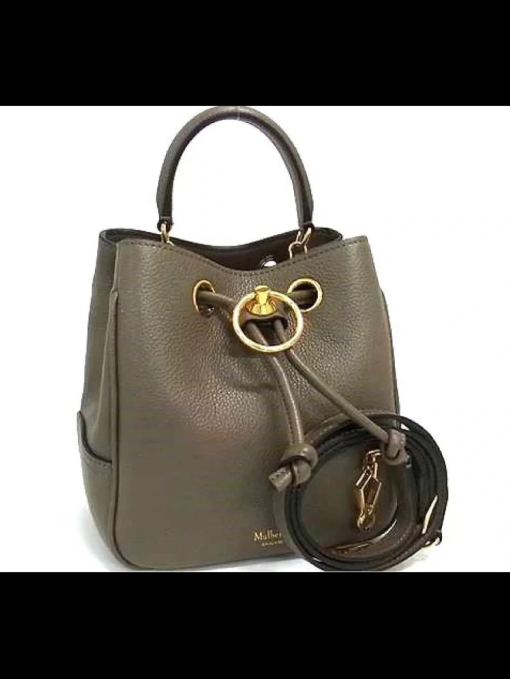 Mulberry Olive Leather Mini Drawstring Bucket Bag with Gold Hardware